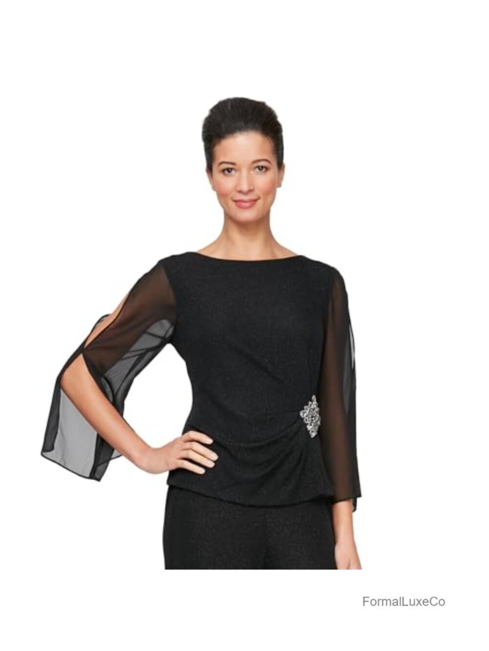 Metallic Knit 3/4 Sleeve Blouse with Beaded Hip Detail, Formal Top